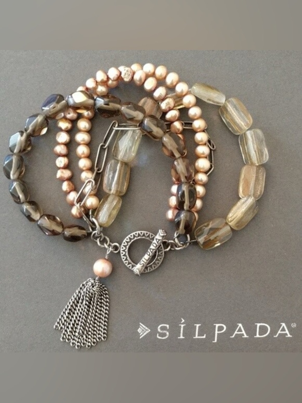Silpada Copper Pearls Smoky Quartz 925 Sterling Tassel Toggle Bracelet B1412